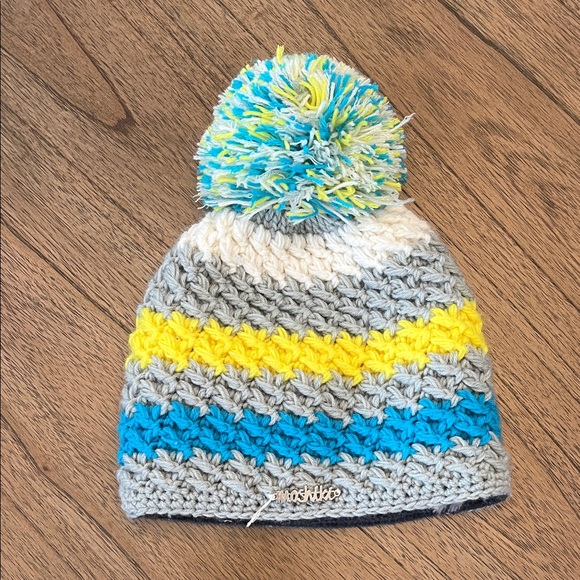 Moshiki Striped Kids Beanie Gray Blue White and Yellow Stripes with Pom-Pom - Picture 1 of 7